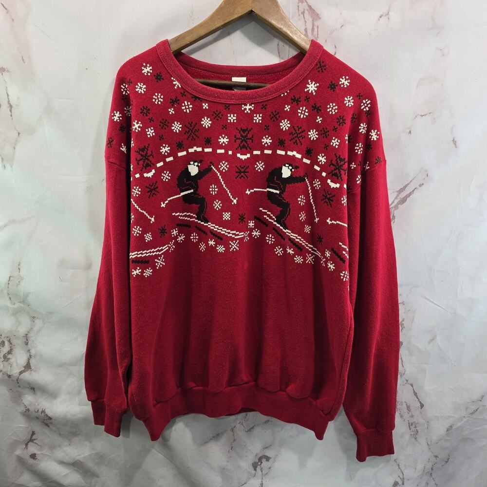 Vintage Christmas Sweatshirt Womens XL Red 90s Holiday Santa Skiing Snowflake